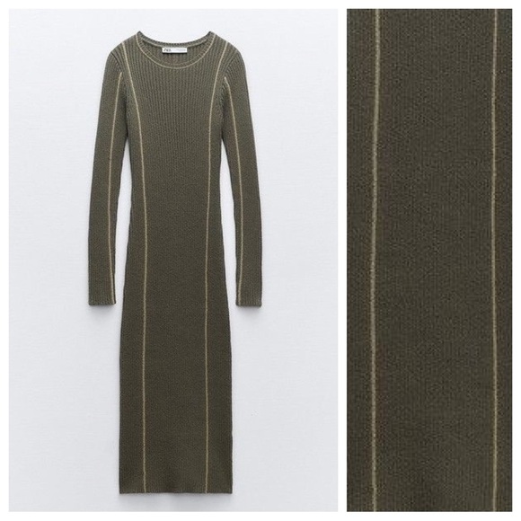 NWT. Zara Khaki Knit Cotton Blend Midi Dress with Trim Details. Size S. - Picture 1 of 6